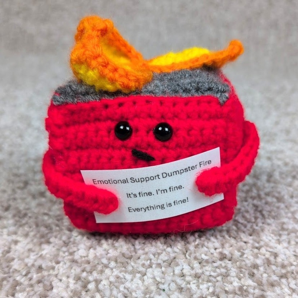 Crochet Emotional Support Dumpster Fire Plush Toy It's Fine Everything is Fine